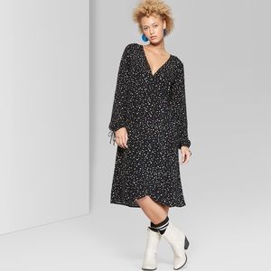 black/white long sleeve star wrap midi dress